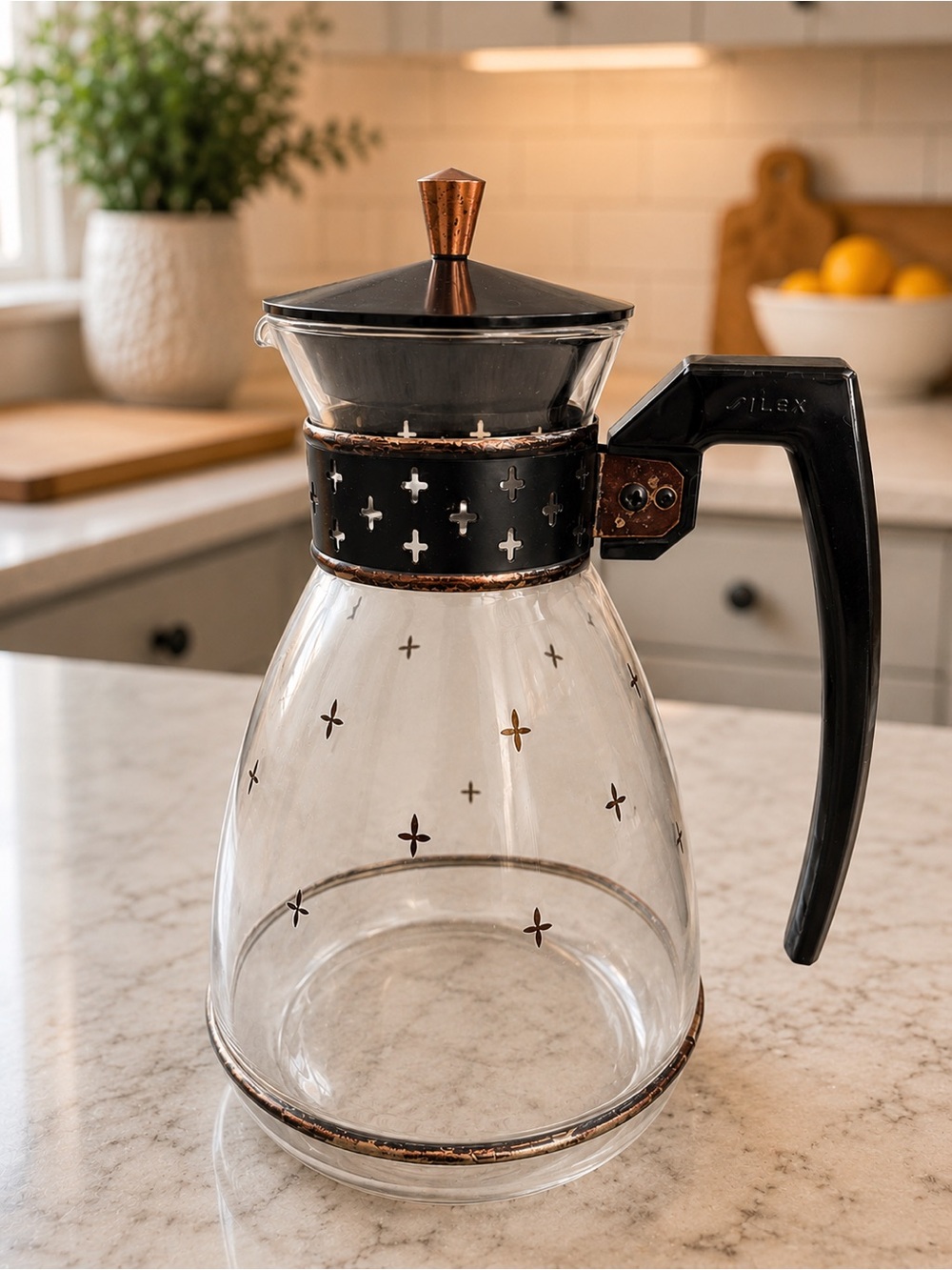 Pyrex Glass Coffee Carafe with Black Handle and Copper Accents